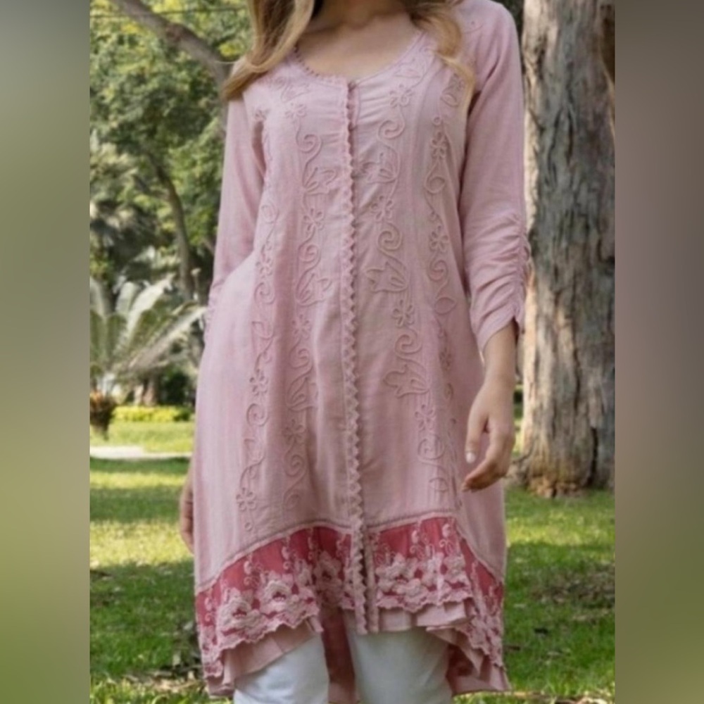 Soft Surroundings Genevieve Dress Petite small Pink Crochet Asymmetrical…